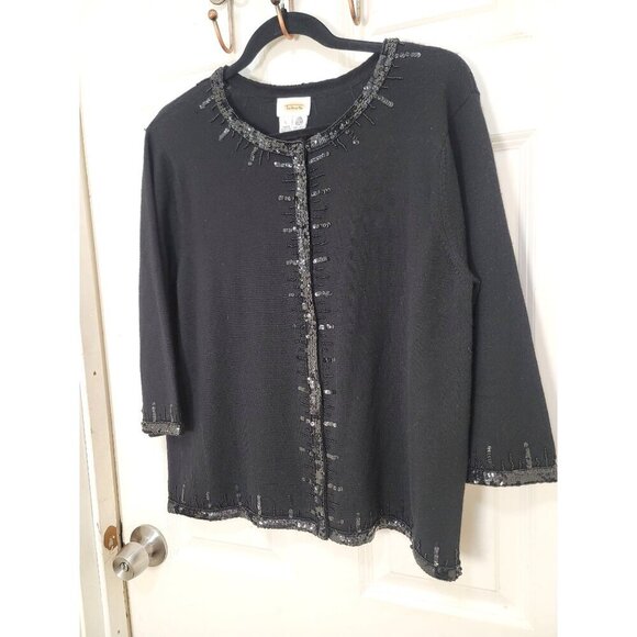Talbots Black Sequined Cardigan Sweater Size XL 100% Pure New Wool - Picture 2 of 14